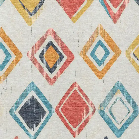 Ivory Coral And Teal Blue Geometric Washable Indoor Outdoor Area Rug Photo 5