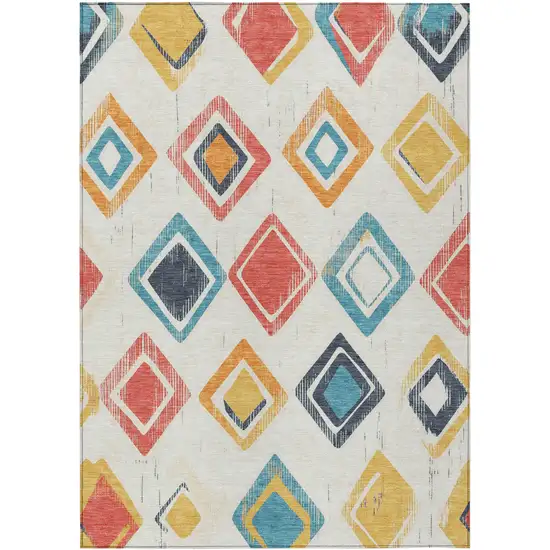 Ivory Coral And Teal Blue Geometric Washable Indoor Outdoor Area Rug Photo 3