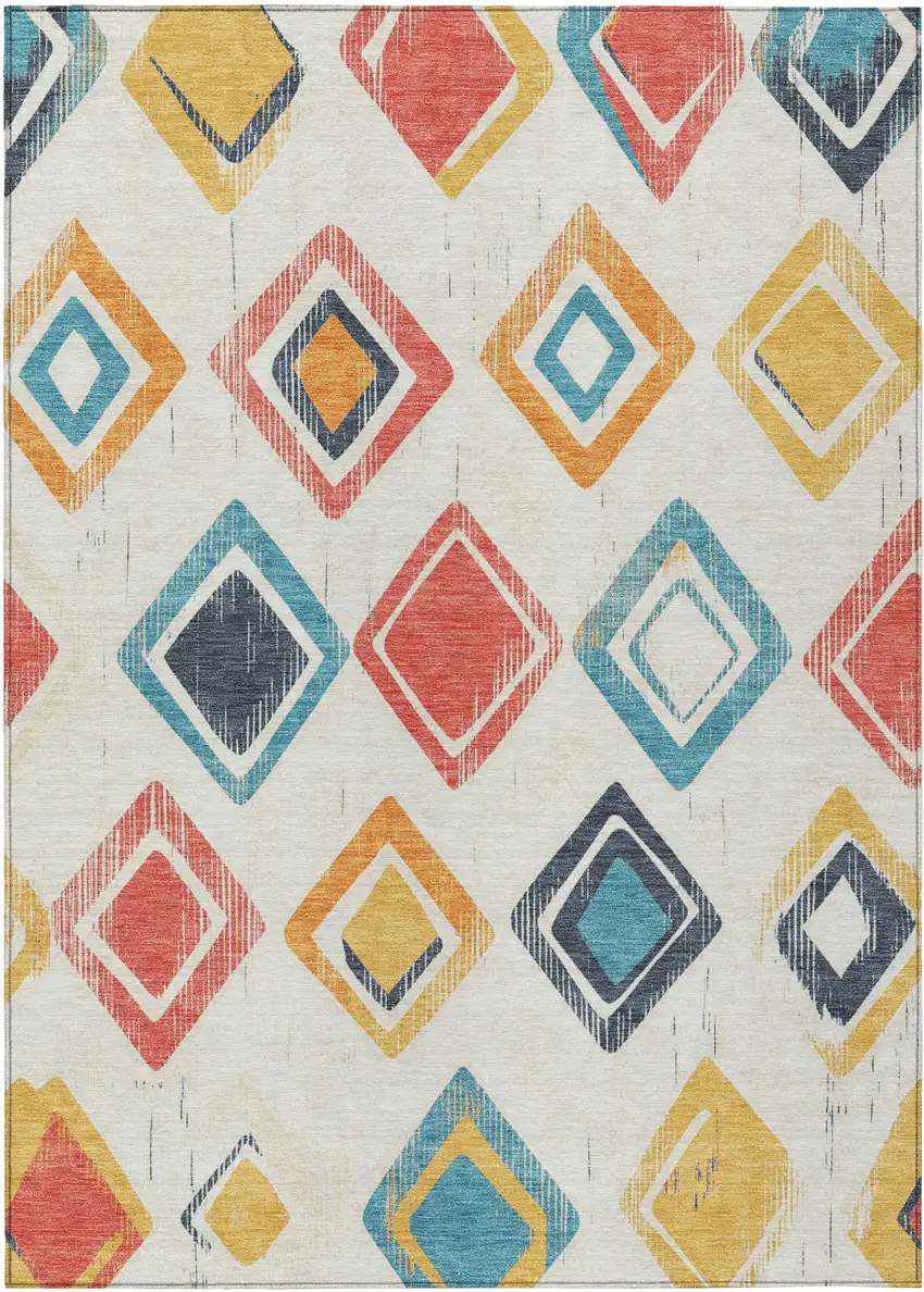 Ivory Coral And Teal Blue Geometric Washable Indoor Outdoor Area Rug Photo 3