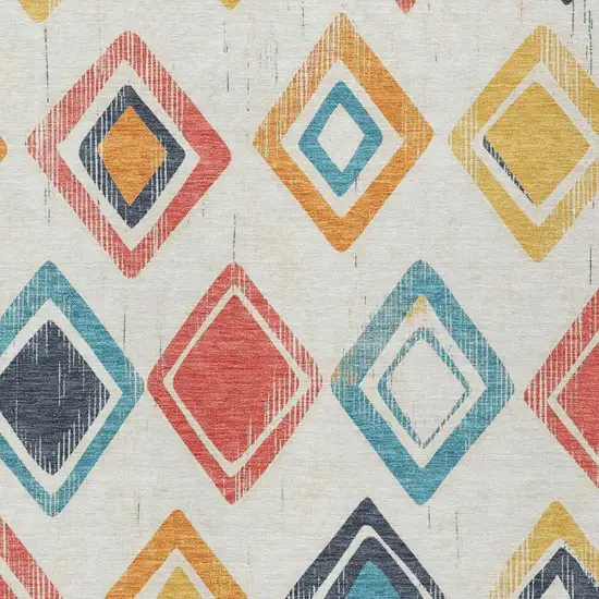 Ivory Coral And Teal Blue Geometric Washable Indoor Outdoor Area Rug Photo 4
