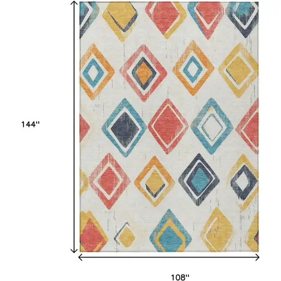 Ivory Coral And Teal Blue Geometric Washable Indoor Outdoor Area Rug Photo 9