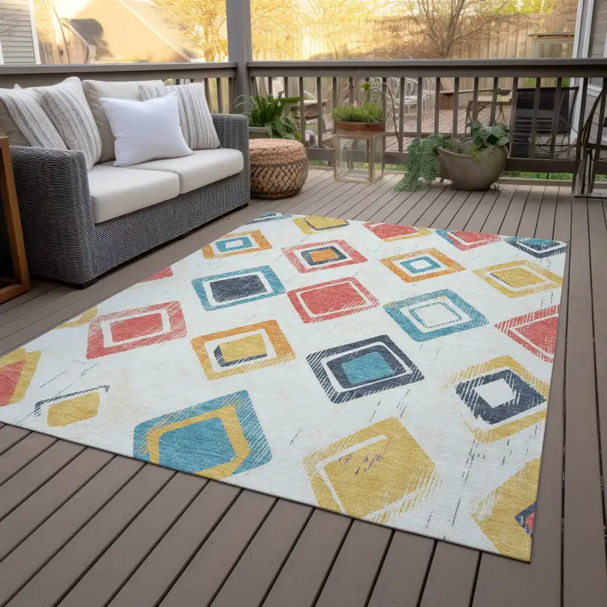 Ivory Coral And Teal Blue Geometric Washable Indoor Outdoor Area Rug Photo 8