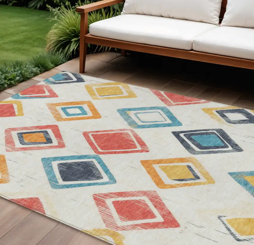 Ivory Coral And Teal Blue Geometric Washable Indoor Outdoor Area Rug Photo 2