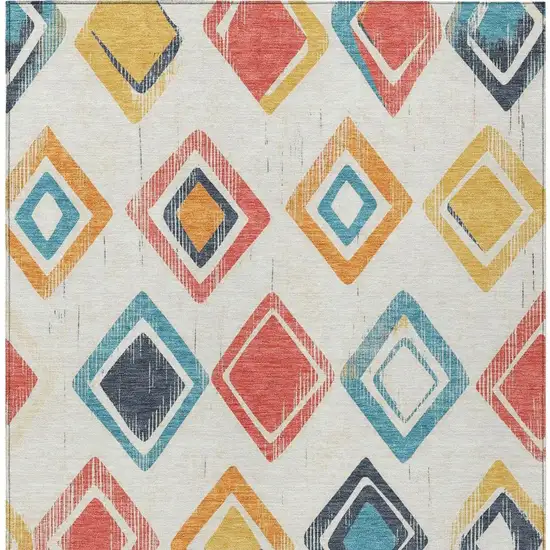 Ivory Coral And Teal Blue Geometric Washable Indoor Outdoor Area Rug Photo 4