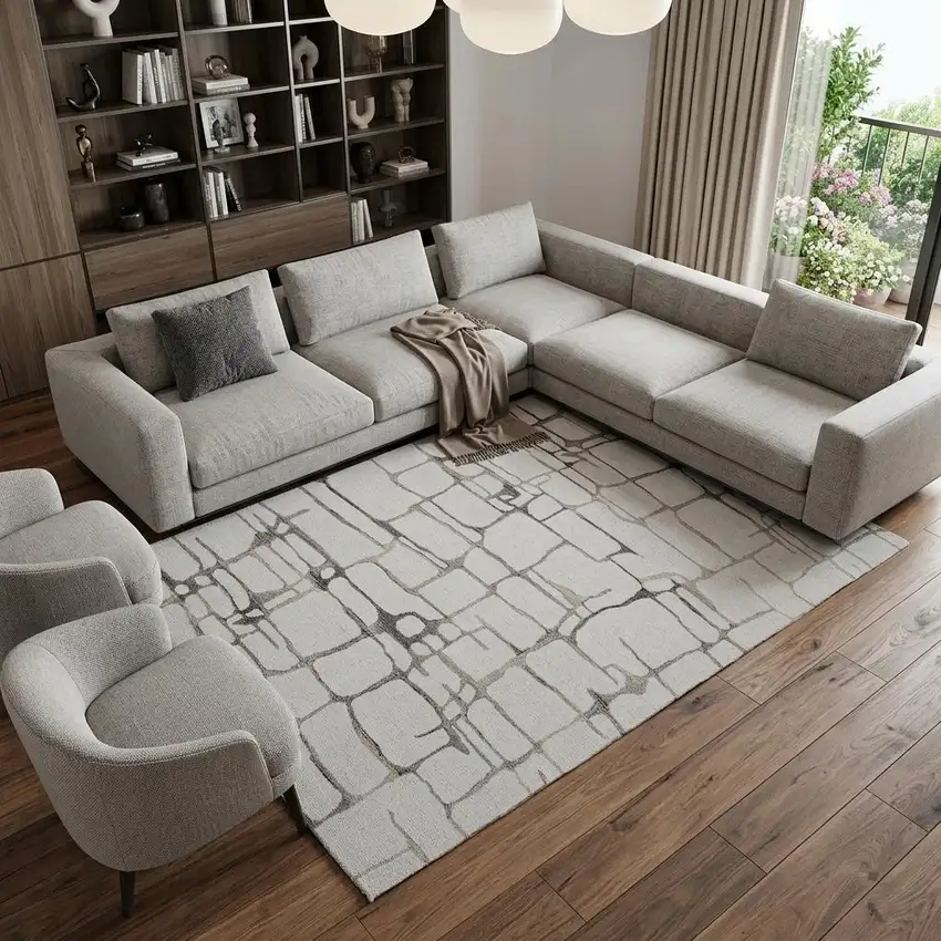 Ivory Dark Brown And Brown Wool Abstract Hand Tufted Area Rug Photo 1