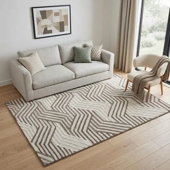 Ivory Dark Brown And Brown Wool Geometric Hand Tufted Area Rug Photo 1