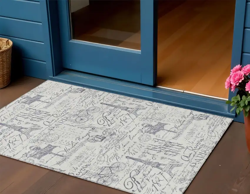 Ivory Denim Blue And Gray Toile Washable Indoor Outdoor Area Rug Photo 2