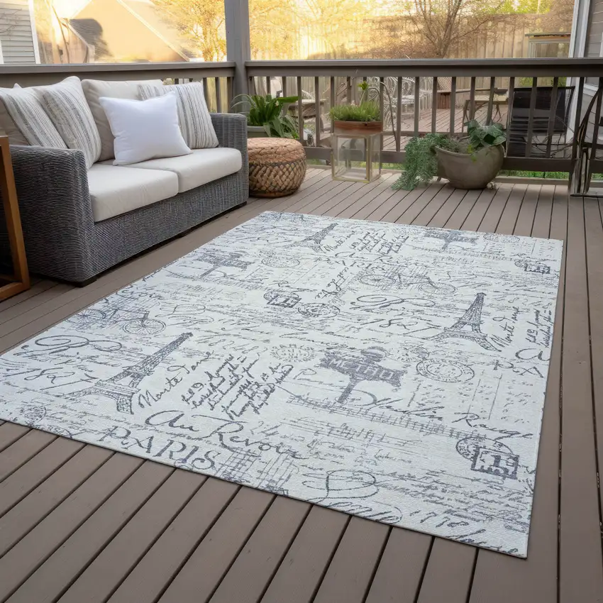 Ivory Denim Blue And Gray Toile Washable Indoor Outdoor Area Rug Photo 9
