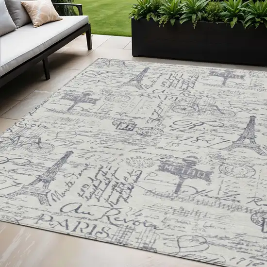 Ivory Denim Blue And Gray Toile Washable Indoor Outdoor Area Rug Photo 2