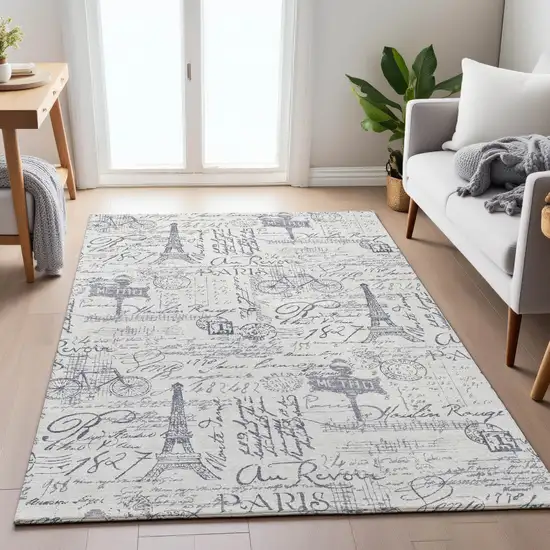 Ivory Denim Blue And Gray Toile Washable Indoor Outdoor Area Rug Photo 6