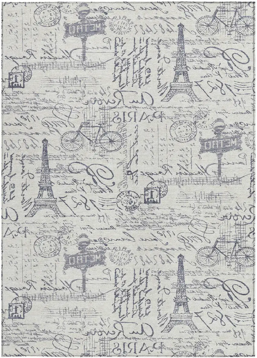 Ivory Denim Blue And Gray Toile Washable Indoor Outdoor Area Rug Photo 3