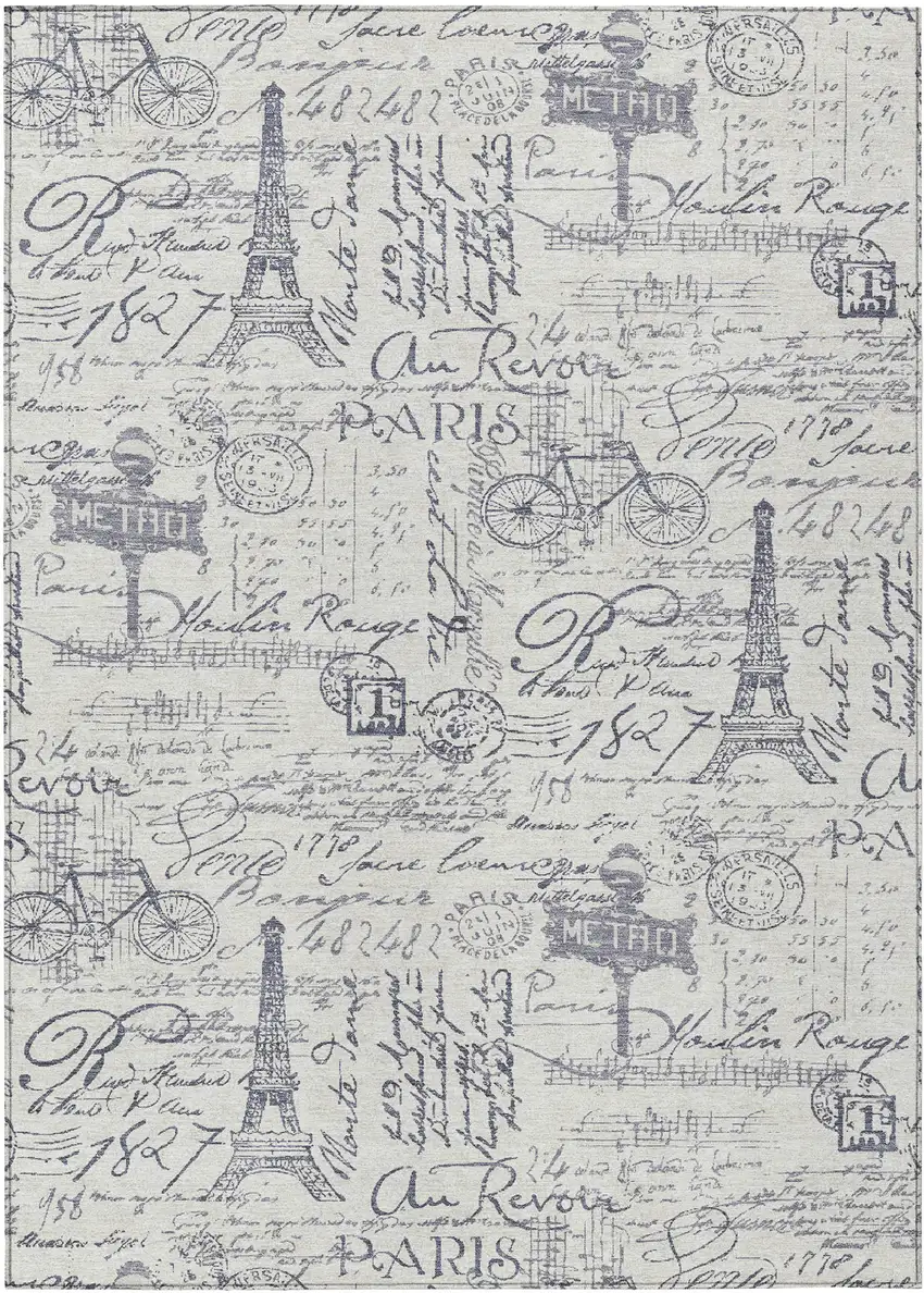 Ivory Denim Blue And Gray Toile Washable Indoor Outdoor Area Rug Photo 1