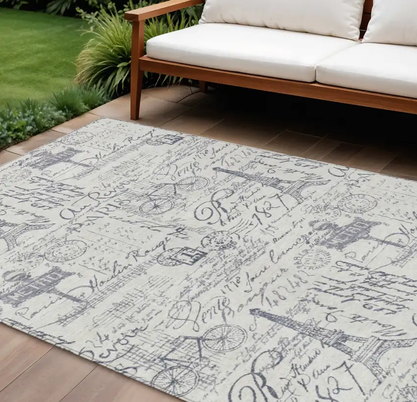 Ivory Denim Blue And Gray Toile Washable Indoor Outdoor Area Rug Photo 2