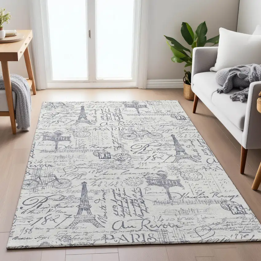 Ivory Denim Blue And Gray Toile Washable Indoor Outdoor Area Rug Photo 6
