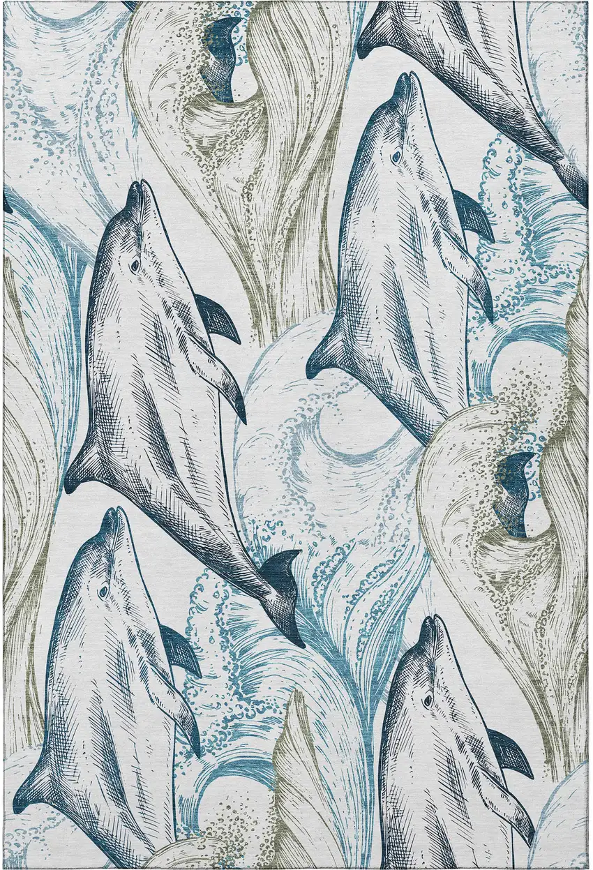 Ivory Denim Blue And Taupe Nautical Washable Area Rug With UV Protection Photo 4