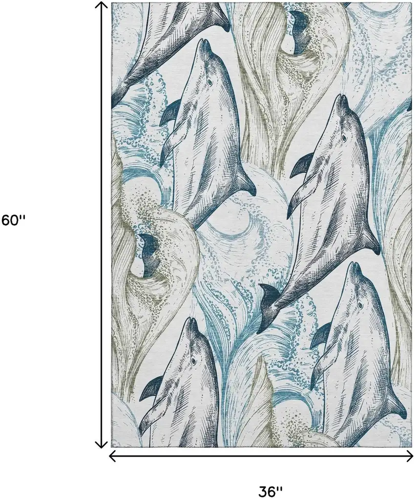 Ivory Denim Blue And Taupe Nautical Washable Area Rug With UV Protection Photo 3