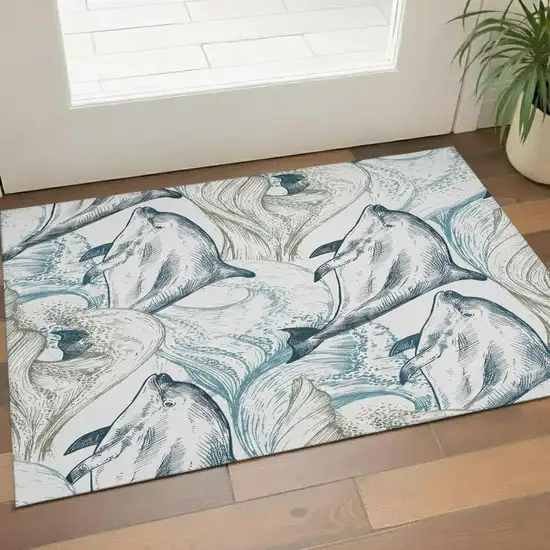 Ivory Denim Blue And Taupe Nautical Washable Area Rug With UV Protection Photo 1