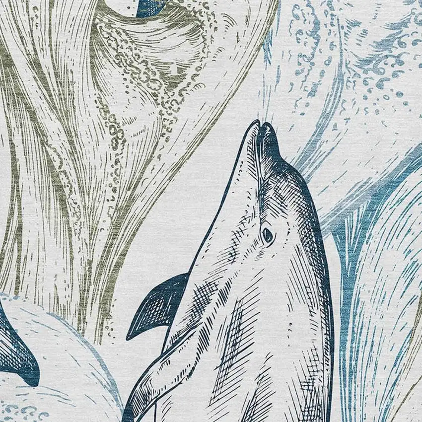 Ivory Denim Blue And Taupe Nautical Washable Area Rug With UV Protection Photo 4