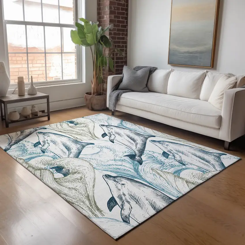 Ivory Denim Blue And Taupe Nautical Washable Area Rug With UV Protection Photo 6