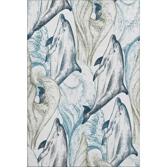 Ivory Denim Blue And Taupe Nautical Washable Area Rug With UV Protection Photo 2