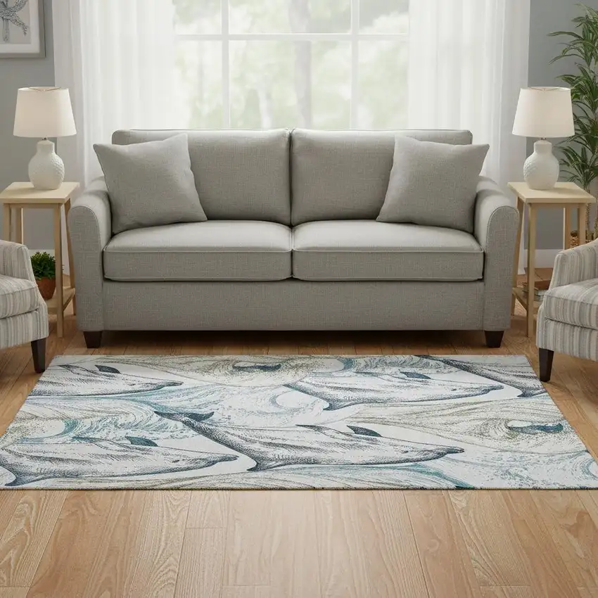 Ivory Denim Blue And Taupe Nautical Washable Area Rug With UV Protection Photo 1