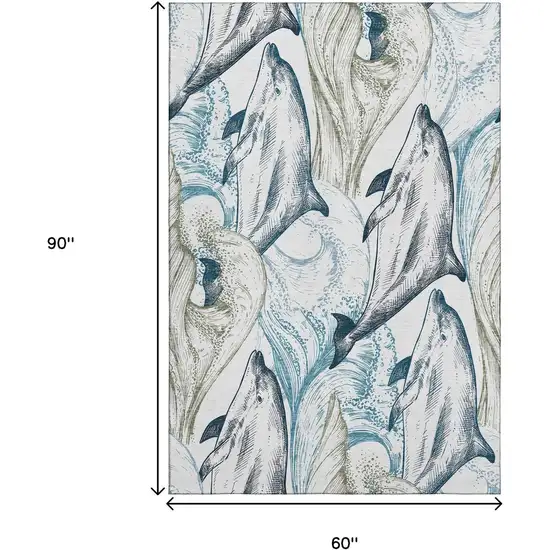 Ivory Denim Blue And Taupe Nautical Washable Area Rug With UV Protection Photo 3