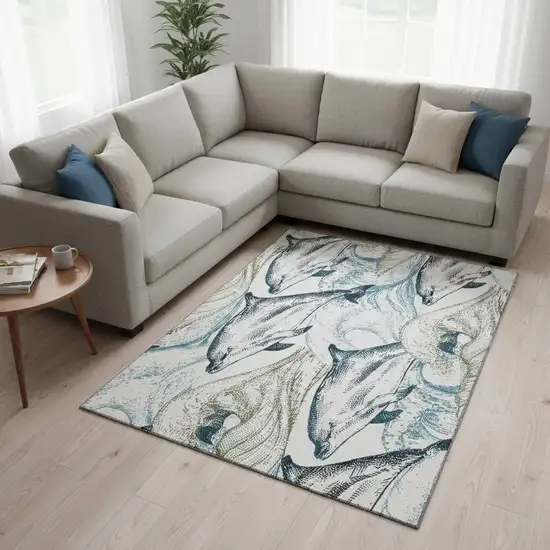 Ivory Denim Blue And Taupe Nautical Washable Area Rug With UV Protection Photo 1