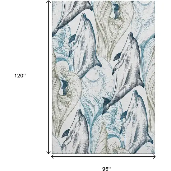 Ivory Denim Blue And Taupe Nautical Washable Area Rug With UV Protection Photo 3