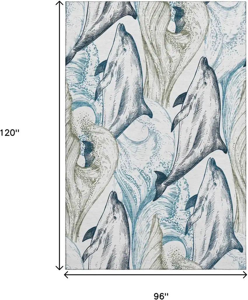 Ivory Denim Blue And Taupe Nautical Washable Area Rug With UV Protection Photo 3