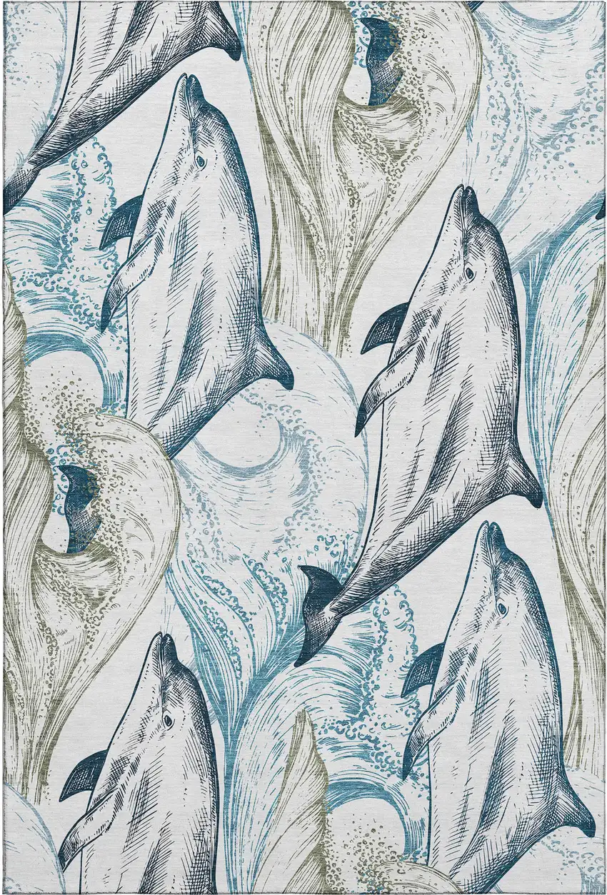 Ivory Denim Blue And Taupe Nautical Washable Area Rug With UV Protection Photo 2