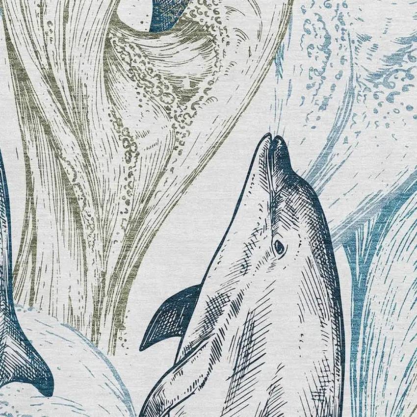 Ivory Denim Blue And Taupe Nautical Washable Area Rug With UV Protection Photo 4