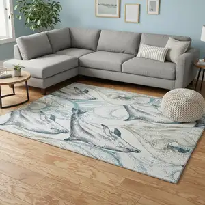 Photo of Ivory Denim Blue And Taupe Nautical Washable Area Rug With UV Protection