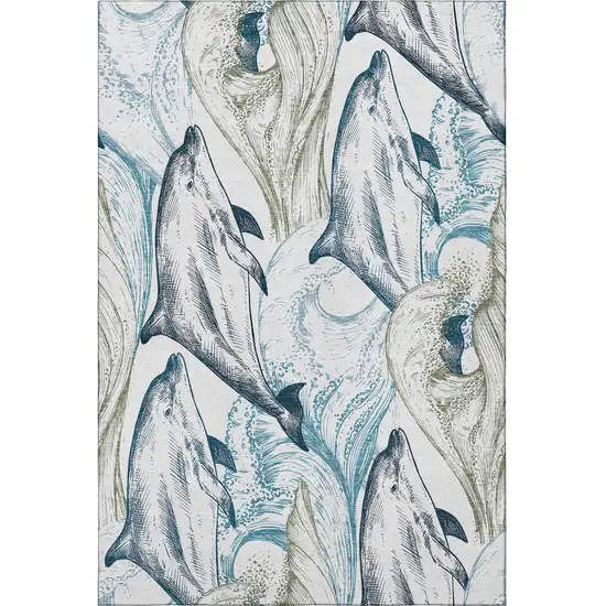 Ivory Denim Blue And Taupe Nautical Washable Area Rug With UV Protection Photo 5