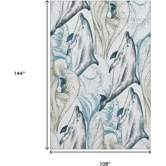 Ivory Denim Blue And Taupe Nautical Washable Area Rug With UV Protection Photo 3