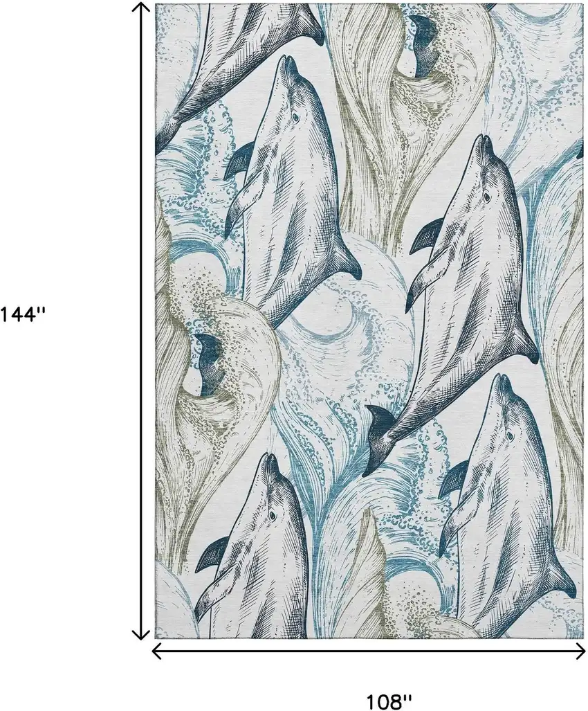 Ivory Denim Blue And Taupe Nautical Washable Area Rug With UV Protection Photo 3