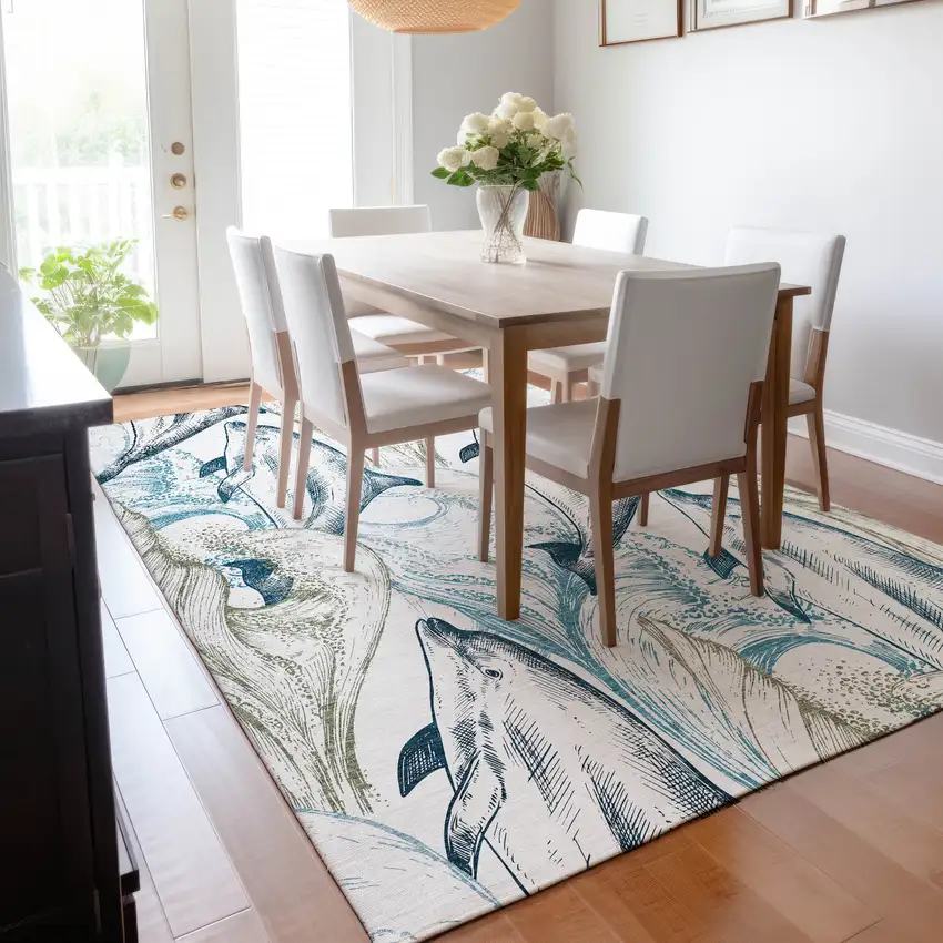 Ivory Denim Blue And Taupe Nautical Washable Area Rug With UV Protection Photo 7