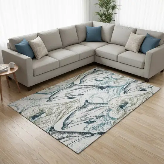 Ivory Denim Blue And Taupe Nautical Washable Area Rug With UV Protection Photo 1