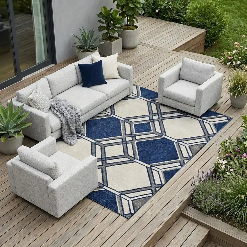 Ivory and Blue Geometric Indoor Outdoor Area Rug Photo 1