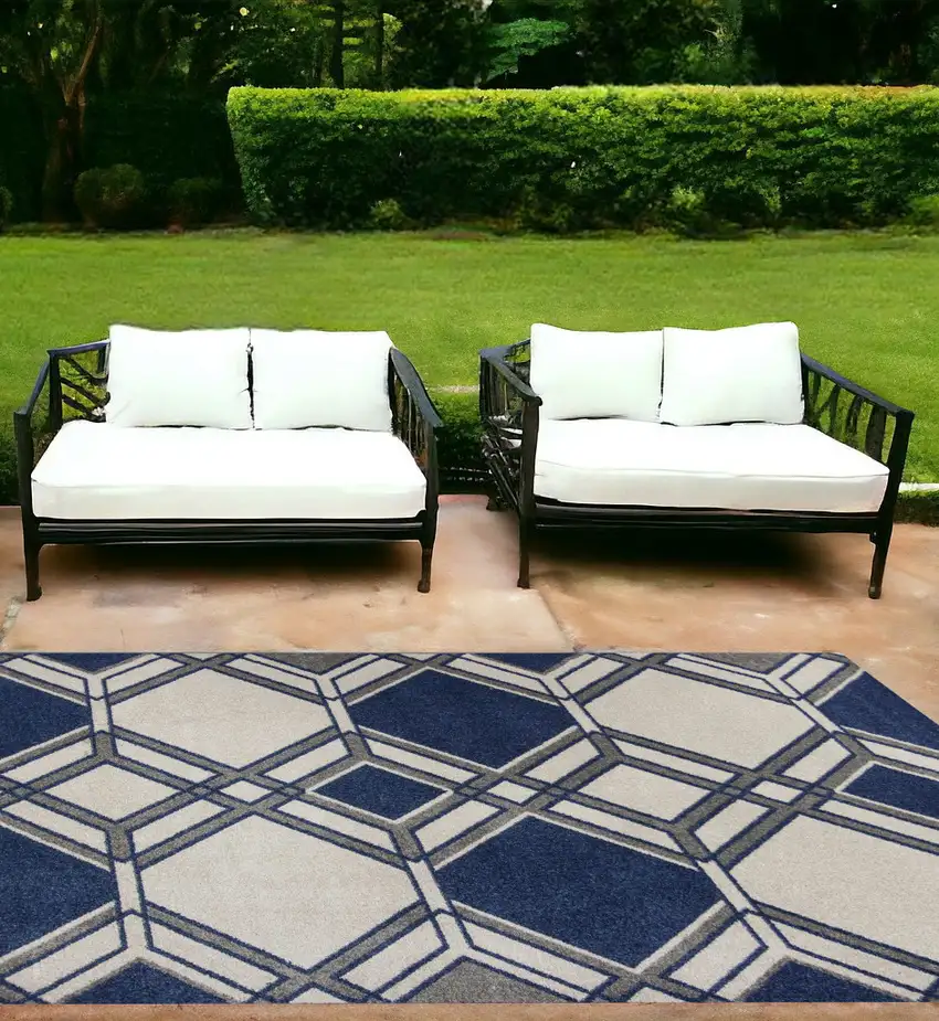 Ivory and Blue Geometric Indoor Outdoor Area Rug Photo 1