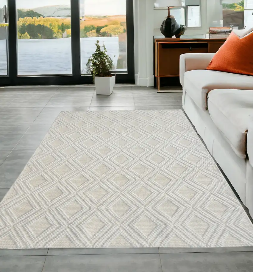 Off White Geometric Dhurrie Area Rug Photo 1