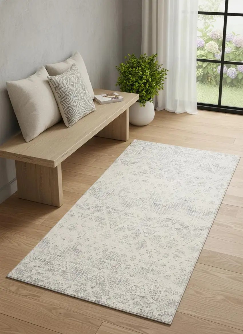 Ivory and Gray Ikat Power Loom Distressed Area Rug Photo 1