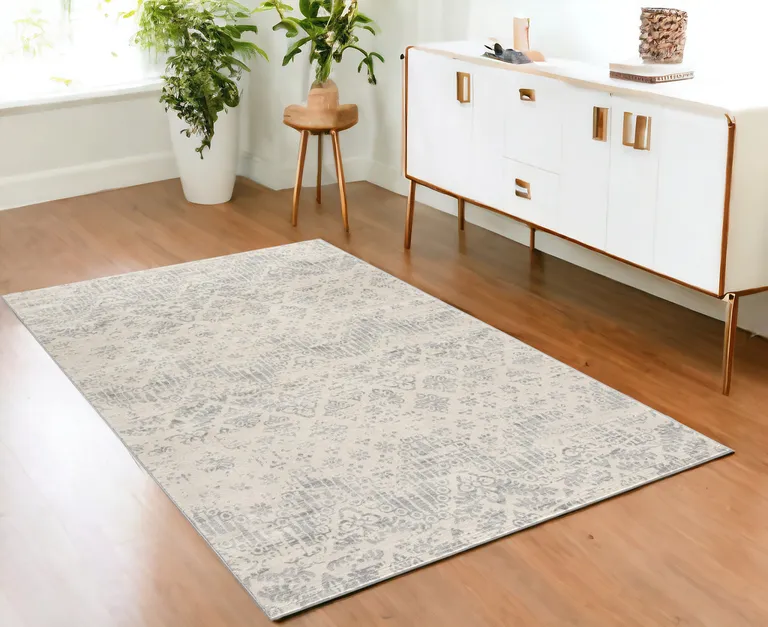 Ivory Distressed Ikat Pattern Area Rug Photo 5