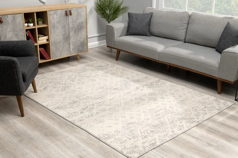 Ivory Distressed Ikat Pattern Area Rug Photo 4