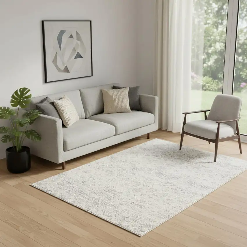 Ivory Distressed Ikat Pattern Area Rug Photo 1