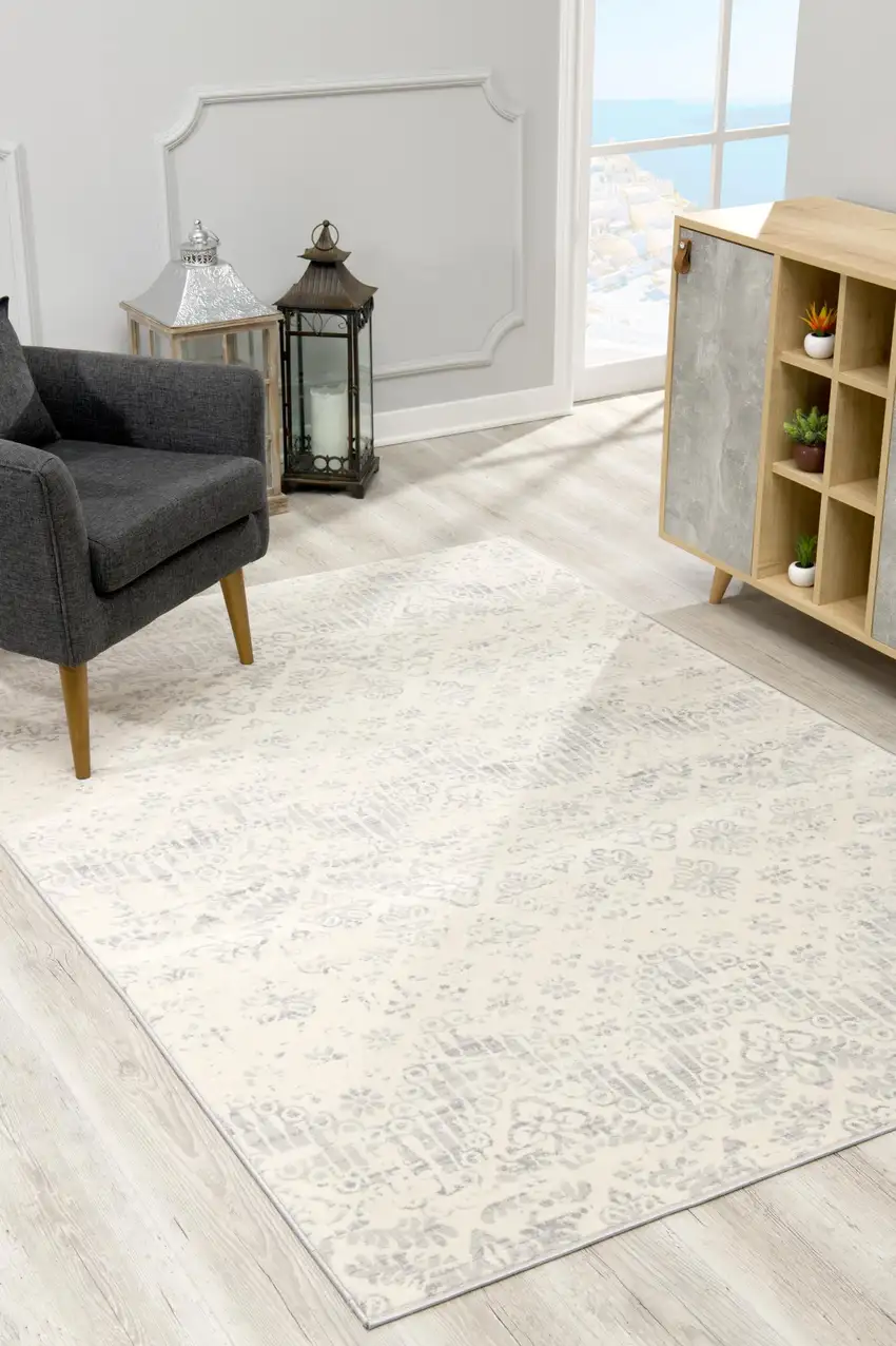 Ivory Distressed Ikat Pattern Area Rug Photo 6