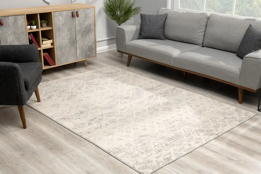 Ivory Distressed Ikat Pattern Area Rug Photo 6