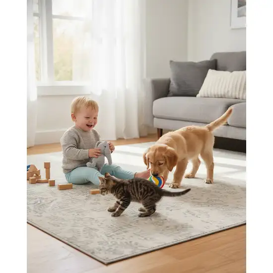 Ivory Distressed Ikat Pattern Area Rug Photo 7