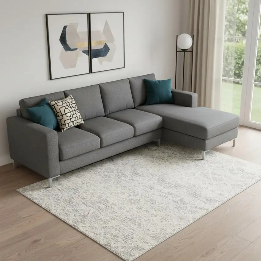 Ivory Distressed Ikat Pattern Area Rug Photo 1