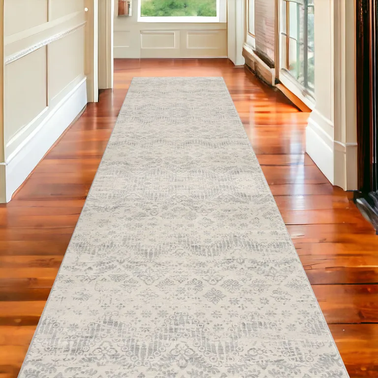 Ivory Distressed Ikat Pattern Runner Rug Photo 5