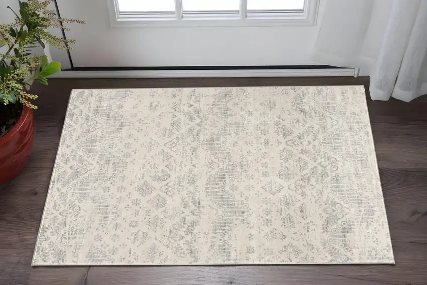 Ivory Distressed Ikat Pattern Scatter Rug Photo 1